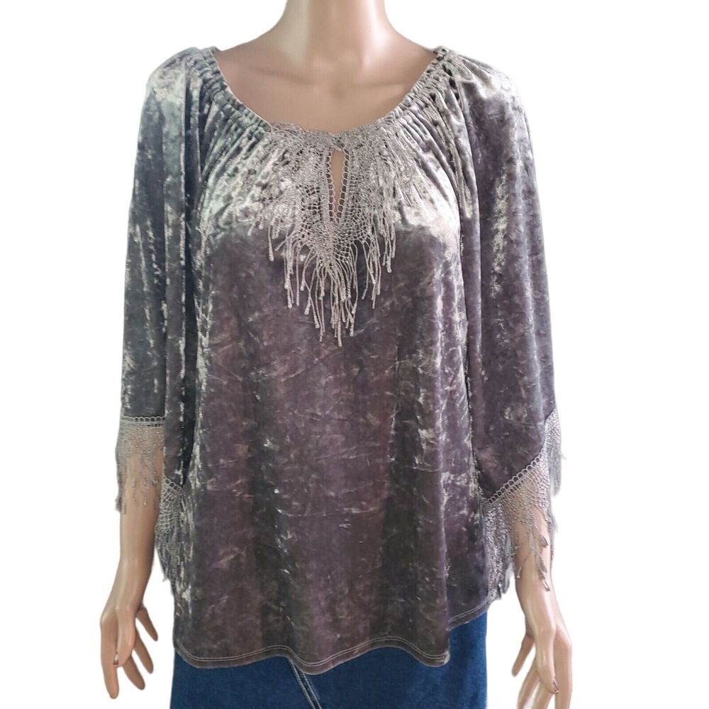 Melissa Paige Petite PM Gray Velvet Boho Fringe On/Off Shoulder Top Bell Sleeve